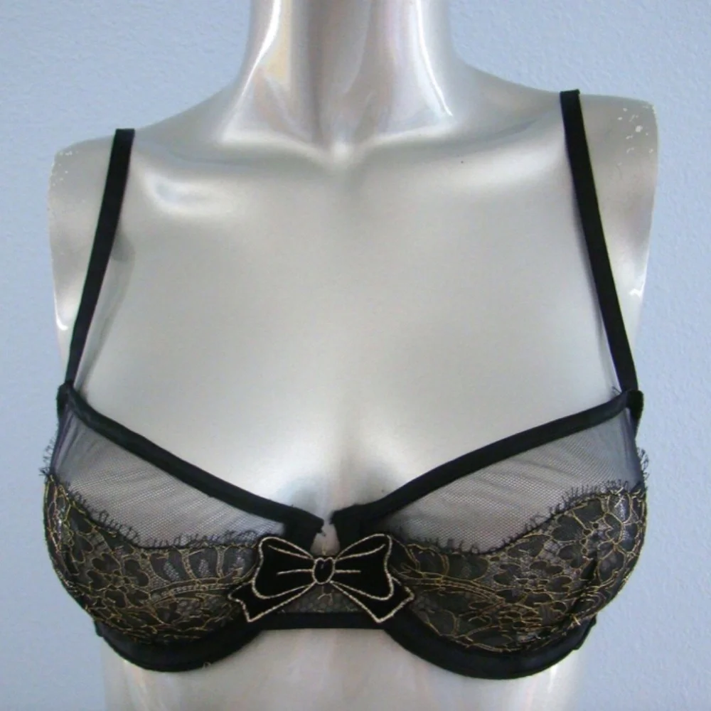 $148 Nwt Victorias Secret Designer Collection Black Gold Unlined Demi Bra 32D